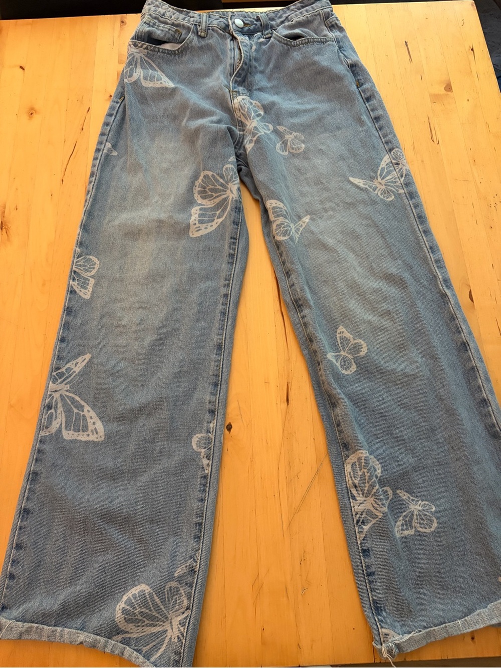 Light Blue Butterfly Print Wide-Leg Women’s Jeans